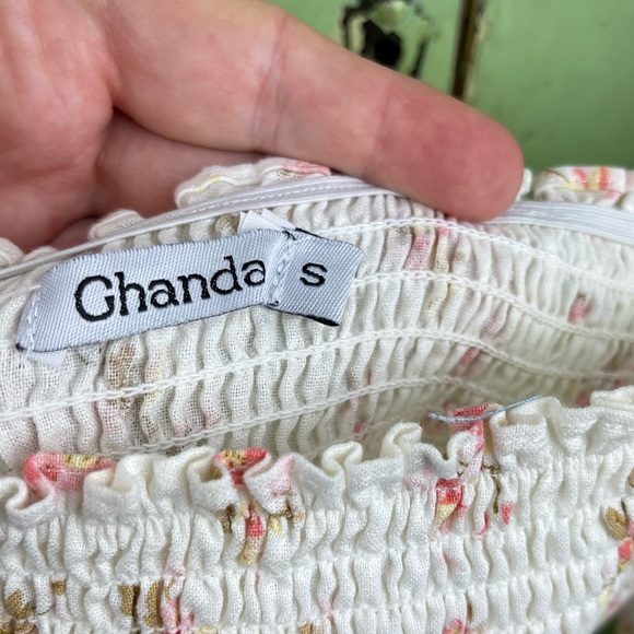 GHANDA Smocked White Floral Linen Blend dress SMALL - Picture 4 of 6